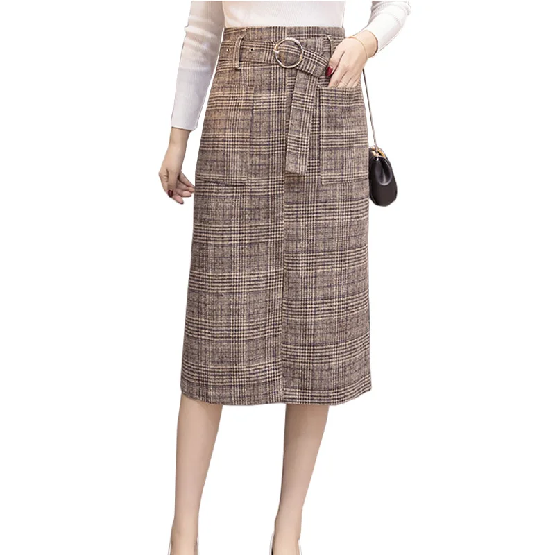 

Long woolen warm plaid skirts womens 2019 spring autumn high waist belted elegant office work midi skirt wool saia jupe falda