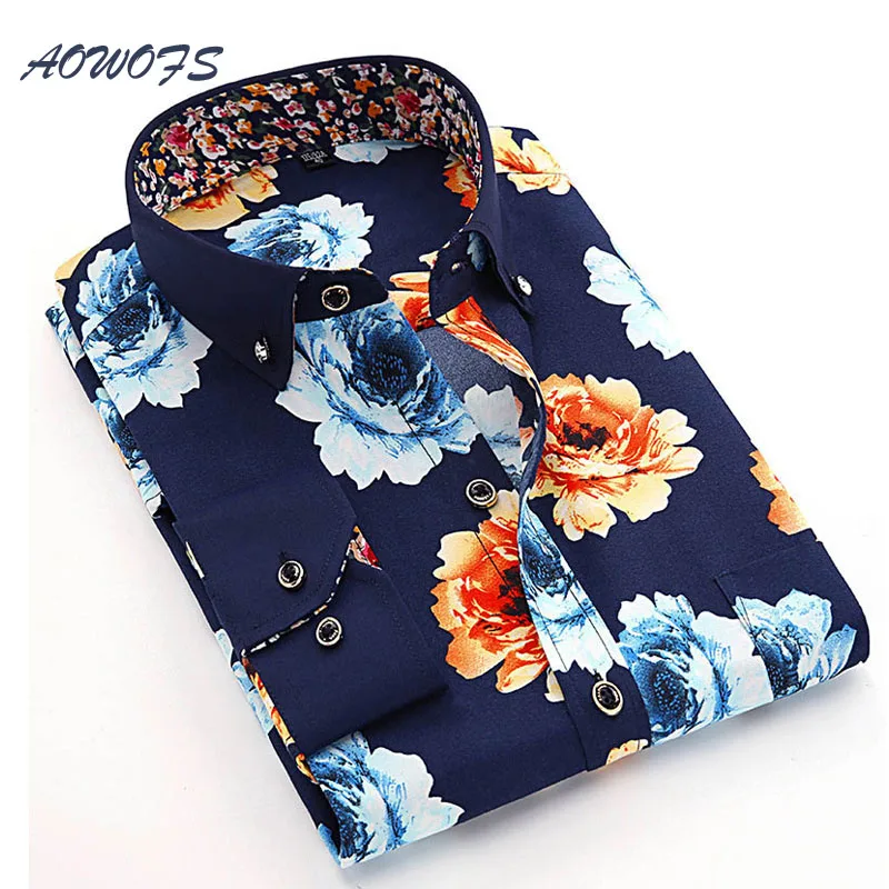 AOWOFS Мужская Цветочная рубашка Китайский стиль цветы рубашки мужские с длинным