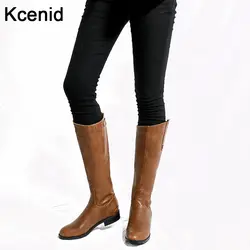 Kcenid/Большие размеры 34-43, хит продаж, модные зимние сапоги, винтажные женские сапоги до колена с круглым носком на низком каблуке, коричневая