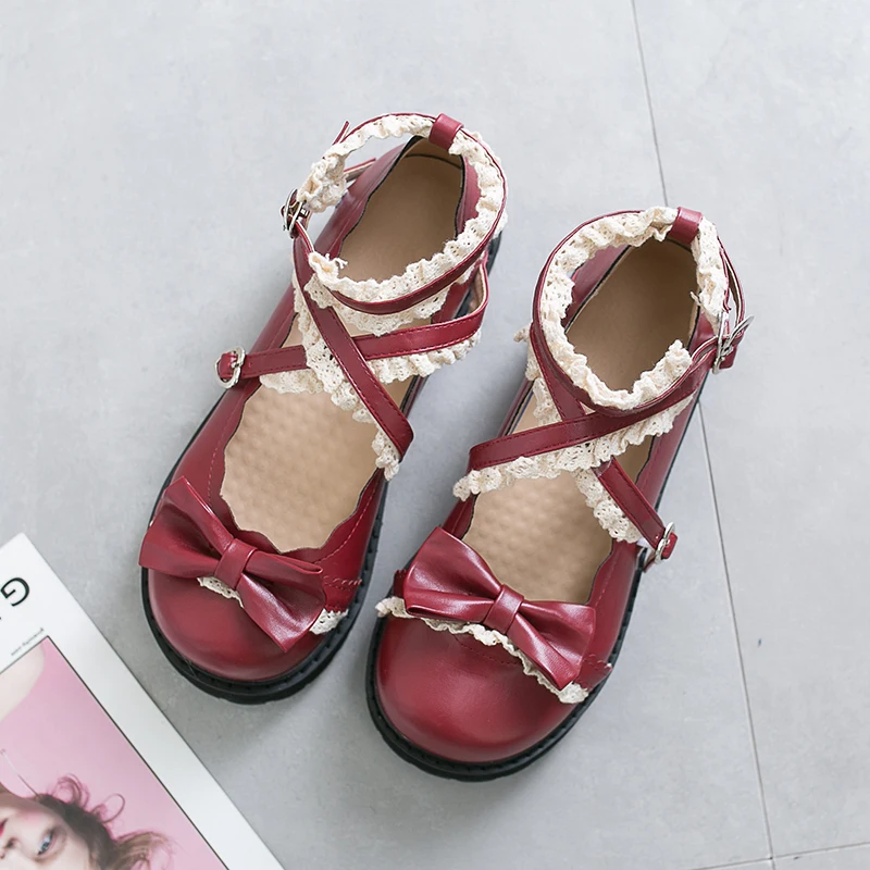 Student Shoes Lace Bow College Girl Lolita Cosplay JK Uniform Women Flats PU Leather Heart-shaped Platform | Обувь