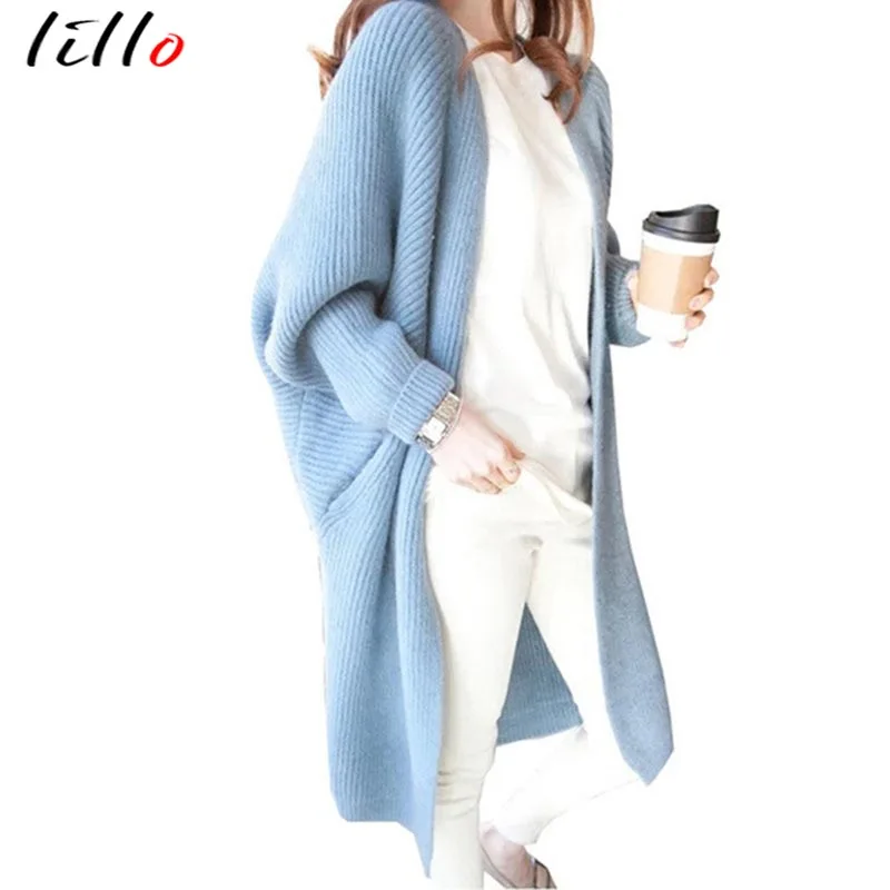 

2019 Autumn Winter Women's Sweater Jacket Bat Sleeve Candy Color Long Sweater Knit Cardigan Jacket Loose Casual Wild Style Stree