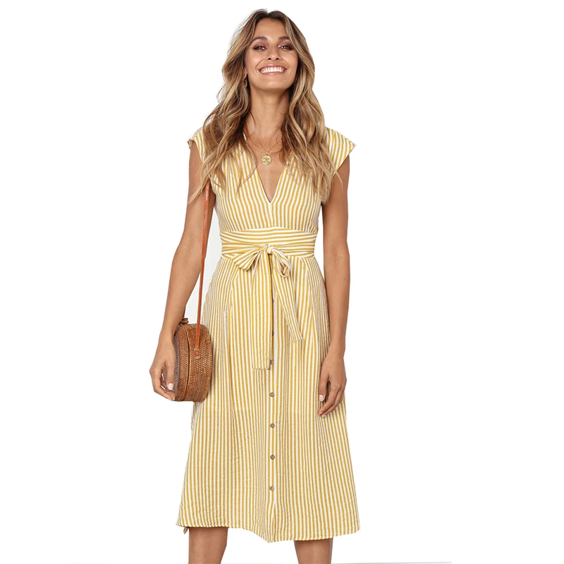 

Women Summer Deep V-Neck Sleeveless A-Line Party Dress For Women Green Yellow Striped Bodycon Long Dresses Vestidos New Clothing