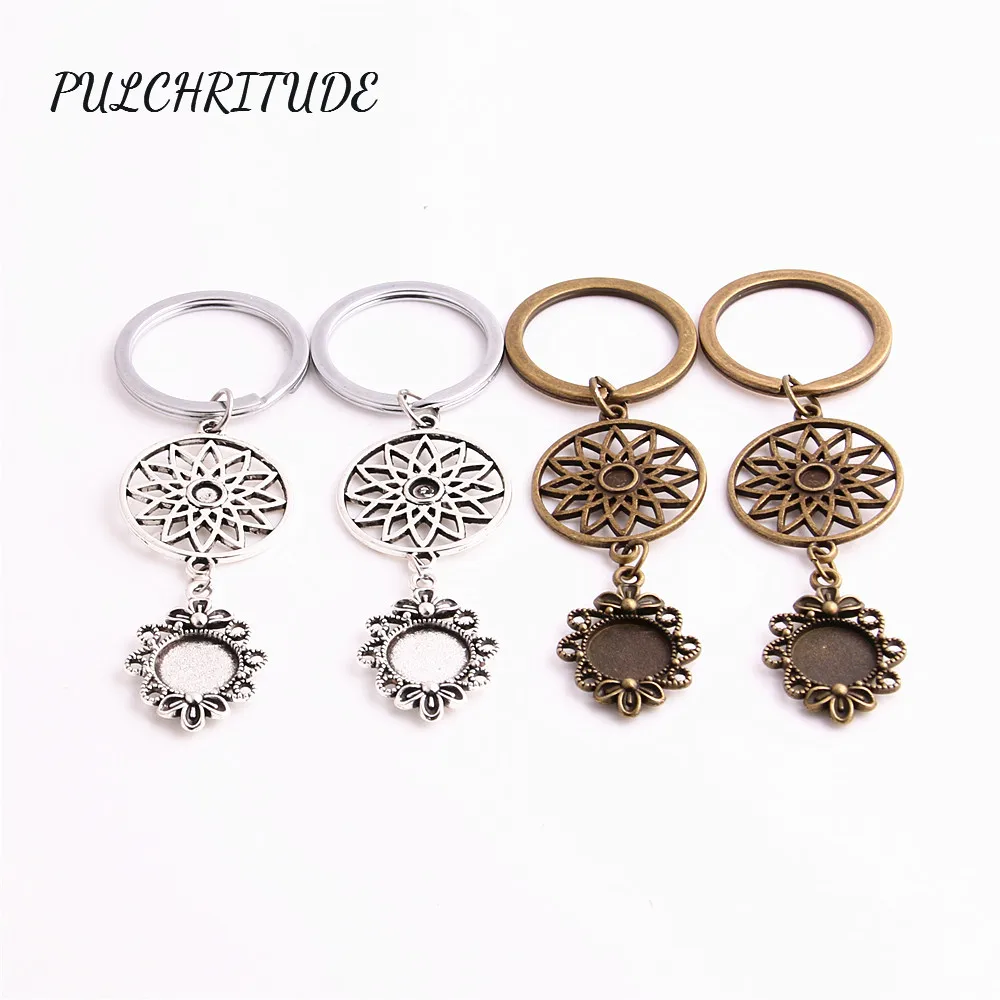 

PULCHRITUDE Metal Alloy Two Colors 3pcs Diy Key Chain DreamCatcer Flower Charm Fit 12mm Cabochon Setting Diy Jewelry MakeC1624