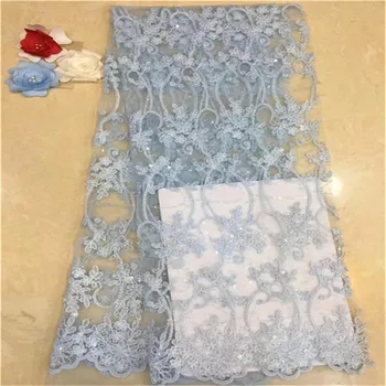 

Light Blue African Sequins French Tulle Lace Fabric High Quality Dubai Embroidery Lace Nigerian French Cord Lace With Sequin