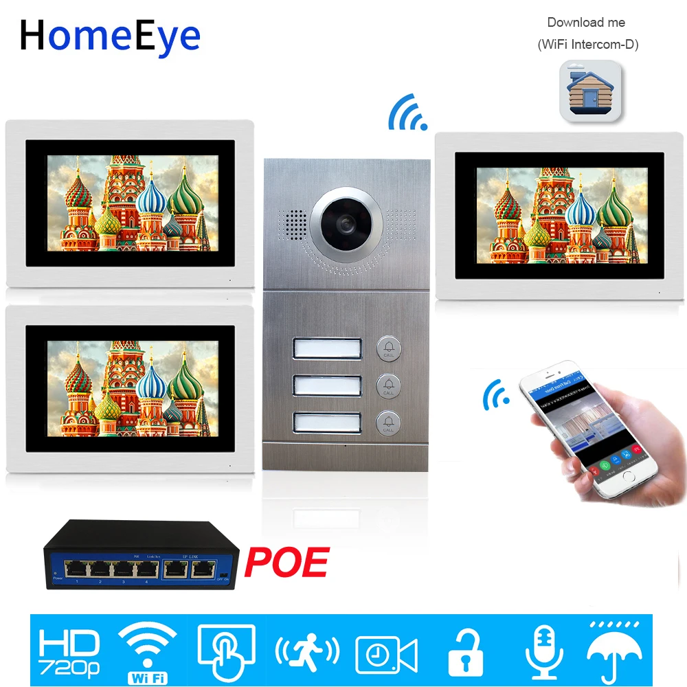 3-House Door Access Control System 720P 7'' WiFi IP Video Door Phone Video Intercom iOS/Android APP Remote Unlock POE Supported