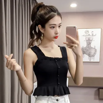 

019 Women Summer Sexy Round Neck Sleeveless Slim Button Solid Color Camisole T-Shirt Short Knit Vest