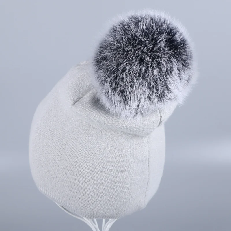 Женские кашемировые зимние шапки брендовые шапочки мягкие теплые однотонные винтажные настоящие лиса, норка pom poms Женская модная брендовая зимняя шапка - Цвет: Fox Pom grey hat