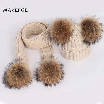 

Kids knitted Scarf And Hat Winter Warm Crochet Hats And Scarves With Real Fur Pom Beanie Hat for Boys And Girls