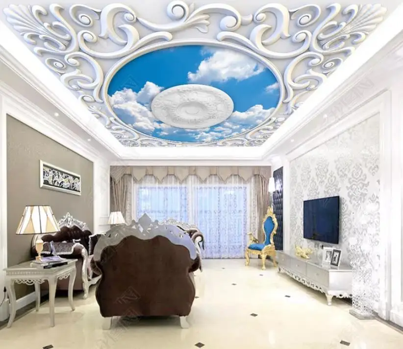 Photo Wallpaper 3d Ceiling Carved Blue Sky And White Clouds Living
