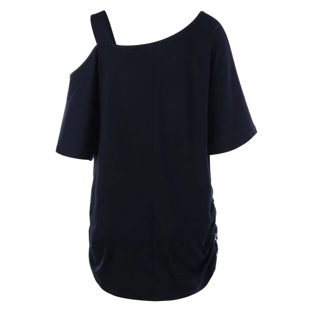 Women Summer Fashion Short Sleeve Gothic Skew Collar Skull T-Shirt Shoulder Skull Slash T-Shirt blusas femininas de verao 50