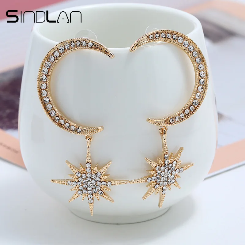 

Sindlan Luxury Star Moon Korean Crystal Earrings for Women Gold Long Drop Statement Earrings Female Fashion Lady Ear Jewelry