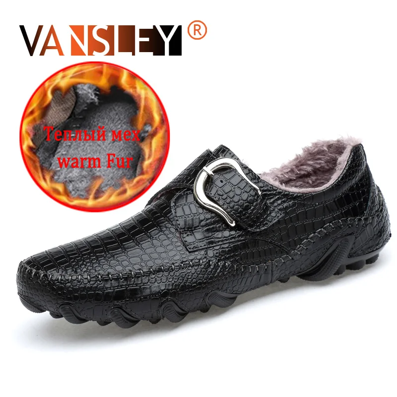

New Leather men casual Shoes Keep Warm Moccasins Shoes man Slip On Driving Flats Fur Loafers Plush Winter Boat Shoe Size 38-47