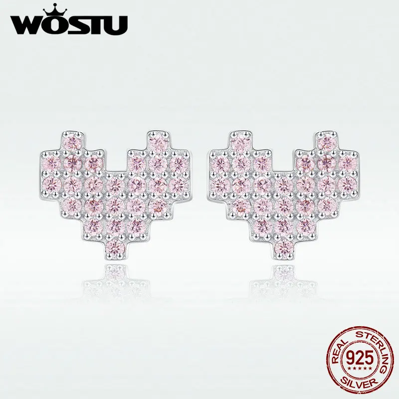 

WOSTU Genuine 100% 925 Sterling Silver Pink Heart Stud Earrings For Women Engagement Party Fashion Simple Jewelry Gift DXE472