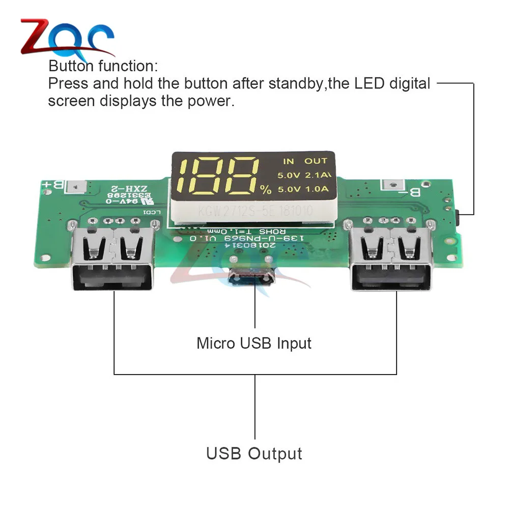 Светодиодный внешний аккумулятор с двумя входами USB Micro USB QC 18650, зарядное устройство для литиевых аккумуляторов, защита от перезаряда и короткого замыкания