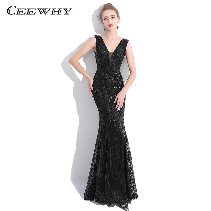 CEEWHY V Neck Black Abendkleider Vestido de Festa Sequined Prom Dresses Mermaid Evening Dress Long Prom Party Gown Real Photos