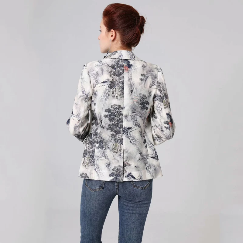 70% OFF SEQINYY Short Jacket 2020 Summer Spring New Fashion Design 3/4 Sleeve Ink Forest Printed Thin Casual  Women Linen Blazer