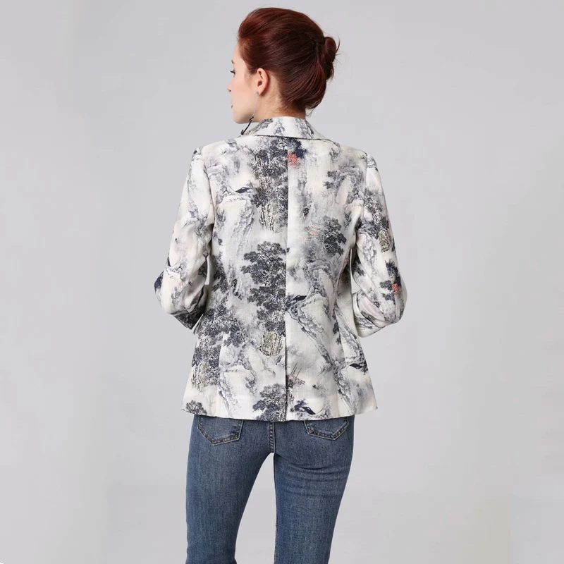 60% OFF SEQINYY Short Jacket 2020 Summer Spring New Fashion Design 3/4 Sleeve Ink Forest Printed Thin Casual  Women Linen Blazer