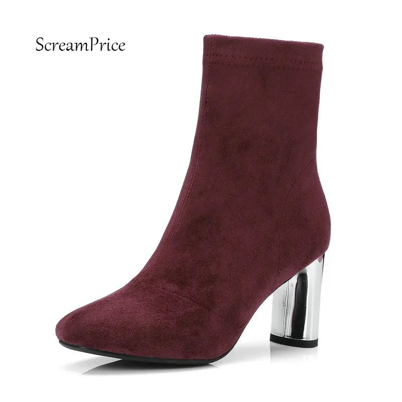 

Ladies Suede Thick High Heel Ankle Boots Fashion Square Toe Zipper Fall Winter Bootie Black Wine Red Gray