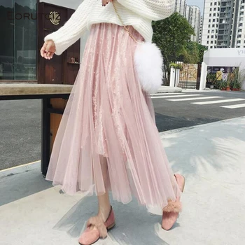 

EORUTCIZ Spring Tulle Skirt Women Long Tutu Maxi Summer Elastic Slim High Waist Skirt Beading Pleated Mesh Skirts LM231