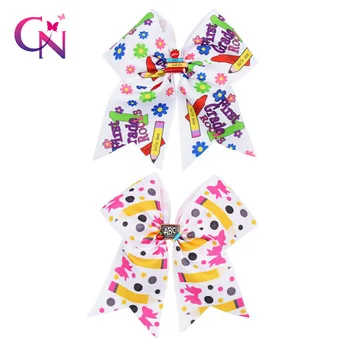 

CN 8 Pcs/Lot 7''BACK TO SCHOOL Pencil Print Cheer Bow With Clip for Girl Resin Cars Patch Hair Bows For Student Hair Accessories