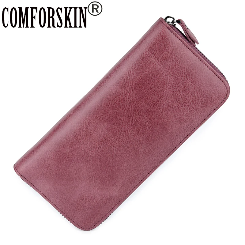 

COMFORSKIN Luxurious 100% Genuine Leather Multi-Card Bit Woman Zipper Purses Famous Brand Long Large Capacity Women's Wallets