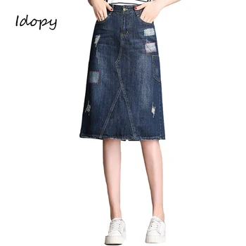 

Idopy Casual Womens Ripped Patchwork Vintage Washed Denim Skirts Female Cowgirls Jean Skirts For Women
