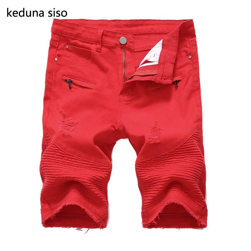 2018 Summer New Casual male Red white Black Denim Shorts Men Jeans Solid Cotton Hole Ripped Brand Clothing Knee Length