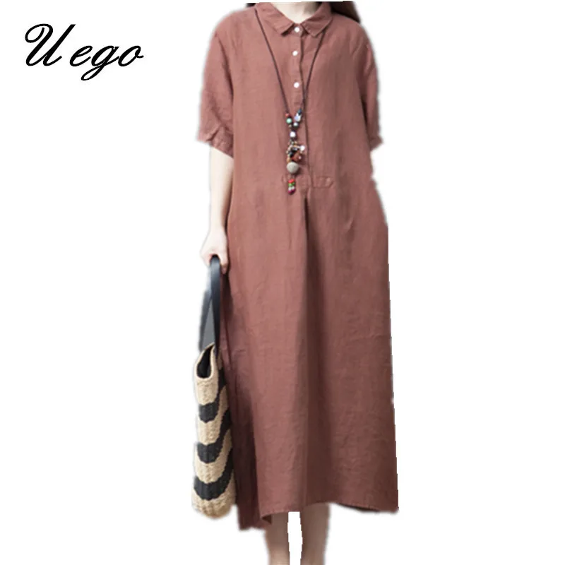 

Uego Turn-down Collar Button Prairie Chic Shirts Dress Soft Cotton linen Loose Summer Holiday Beach Casual Dress Women Dresses
