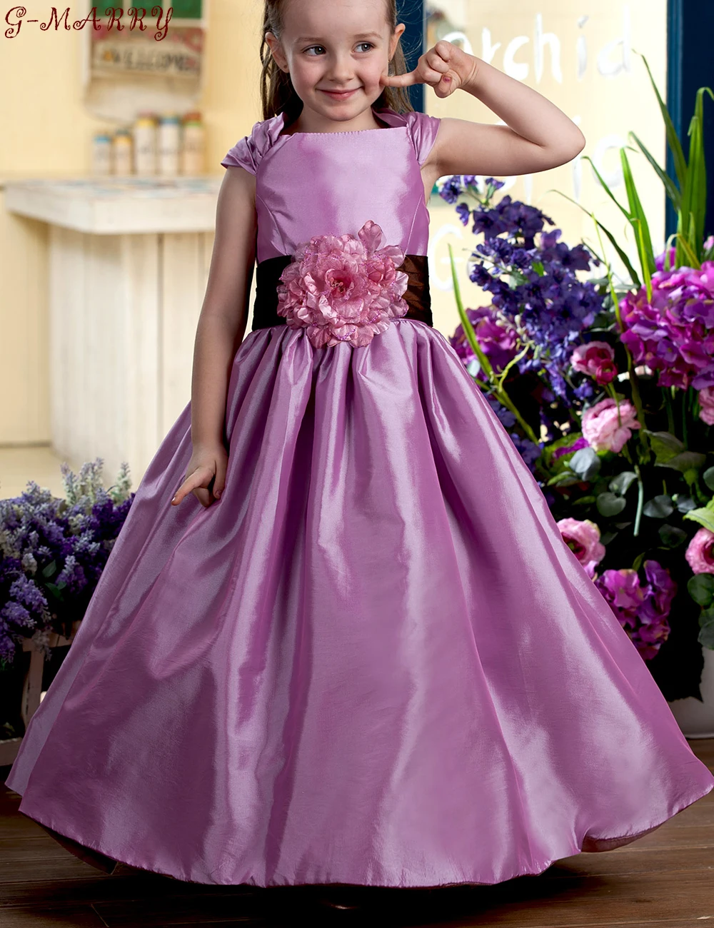 Cheap Purple Flower Girls Dresses For Wedding Gowns Cap Sleeve Taffeta