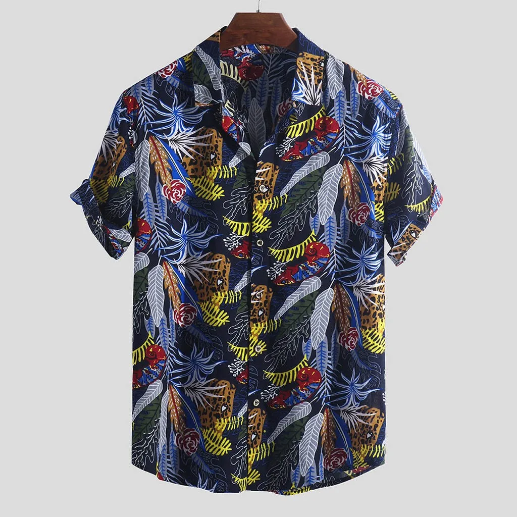 Рубашка мужская уличная chemise homme Летняя мужская хлопковый текстиль с принтом отложной воротник короткий рукав Свободная Повседневная