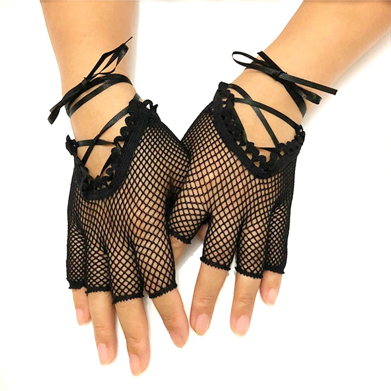 1 пара Для женщин Sexy ремни ажурная сетка хип-хоп перчатки без пальцев Варежки на веревке эластичные Перчатки перекрестной шнуровкой