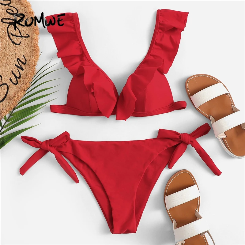 

Romwe Sport Red Solid Ruffle Triangle Plunge Neck Top With Tie Side Bottoms Bikini Set Women Sexy Beach Vacation Swimsuit