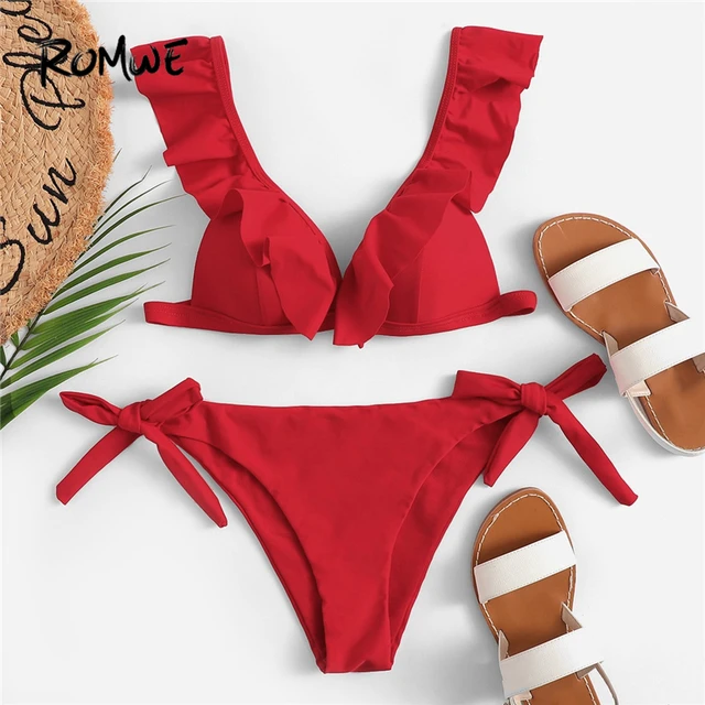 {Excellent|Wonderfull|Very Good|Very Recommended} Romwe Sport Red Solid Ruffle Triangle Plunge Neck Top With Tie Side Bottoms Bikini Set Women Sexy Beach Vacation Swimsuit Best Price