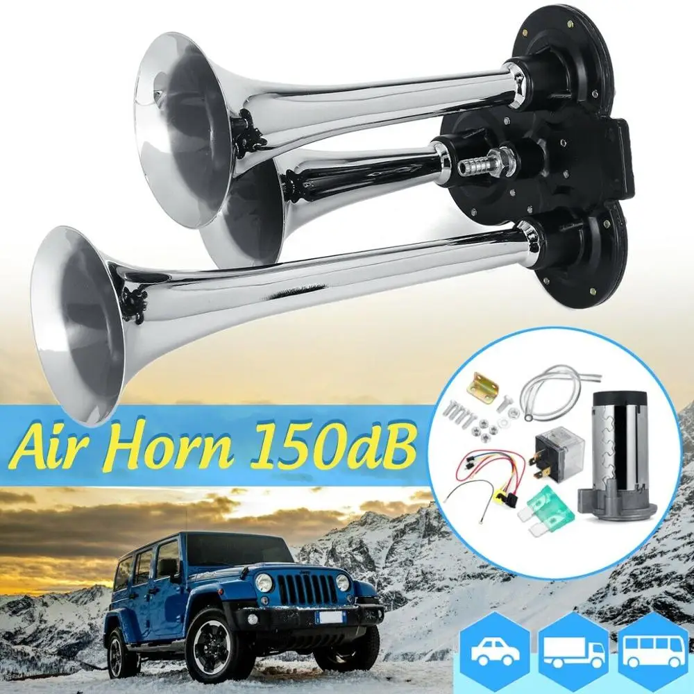 

Loud 150dB 3/Triple Trumpet Train Air Horn with Compressor Cable Car Auto Boat