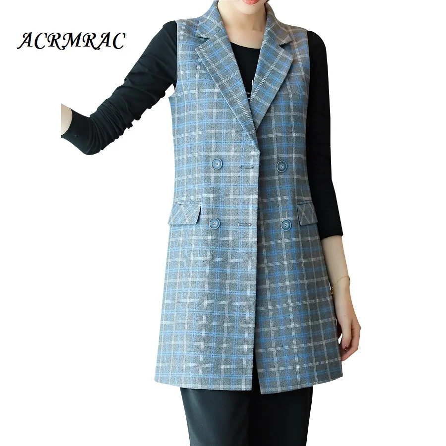

ACRMRAC Women suits Slim lattice long Vest Wide leg pants 2 pieces set OL Formal Women pants suits Womens business suits