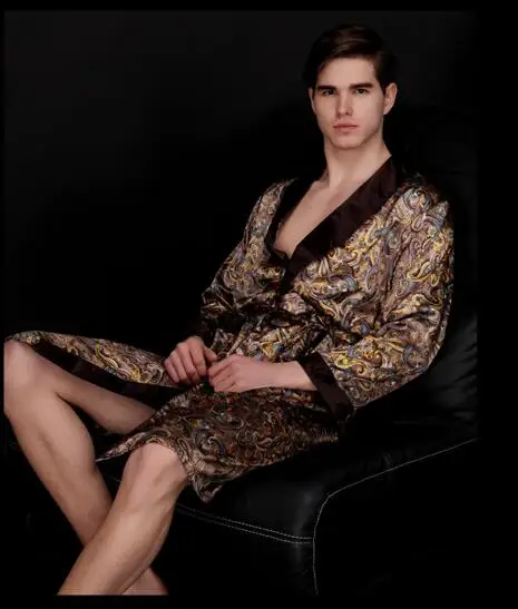 Hot style men's summer long sleeves silk robe household long-sleeved leisurewear