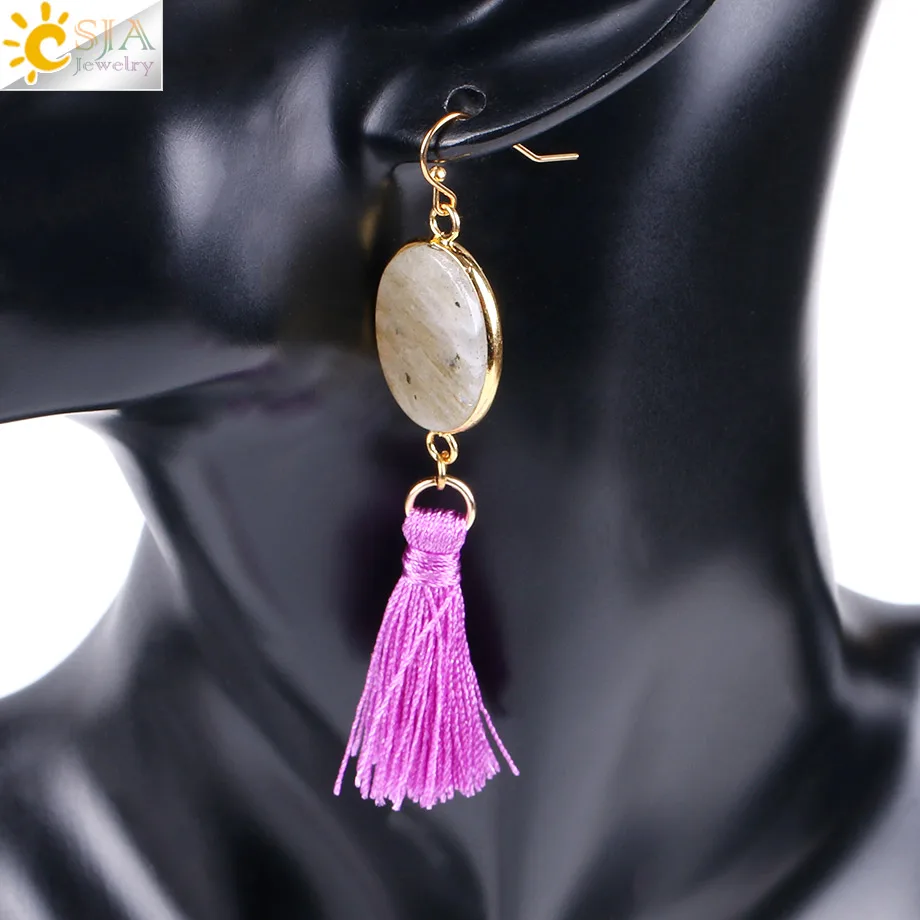 

CSJA Reiki Oval Labradorite Spectrolite Natural Gem Stone Drop Earrings for Women Purple Silk Fringed Tassel Dangle Earring E754