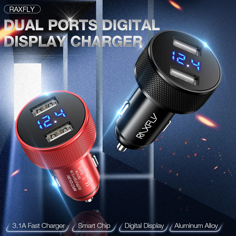 RAXFLY Dual Ports USB Car Charger For iPhone X 8 7 Digital Display Fast Charging For Samsung Xiaomi Aluminum Alloy Car Charger  
