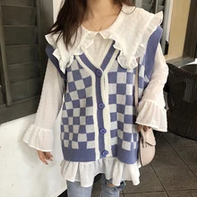 Корейская винтажная стильная клетчатая материя пуловеры без рукавов свитер однобортный harajuku осенний вязаный жилет топы свитера с v-образным вырезом