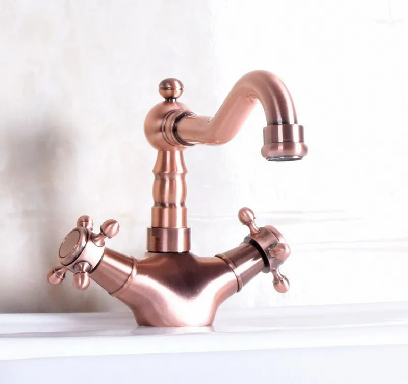 Vintage Red Copper Antique Brass Dual Cross Handles Swivel Spout Bathroom Basin Kitchen Sink Faucet Cold & Hot Mixer Tap anf256