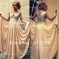 2014 New Arrival Elegant Evening Dresses V Neck Nude Chiffon A Line Sequined Top Prom Dresses Long BO3389