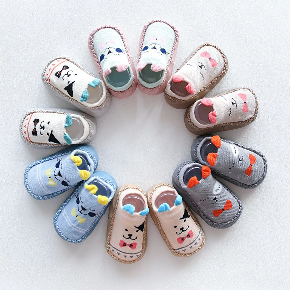 Забавные носки для малышей 0-1-3 лет на весну, осень и зиму, детские носки, нескользящие носки-тапочки, хлопковые носки с кожаной подошвой и рисунком для малышей