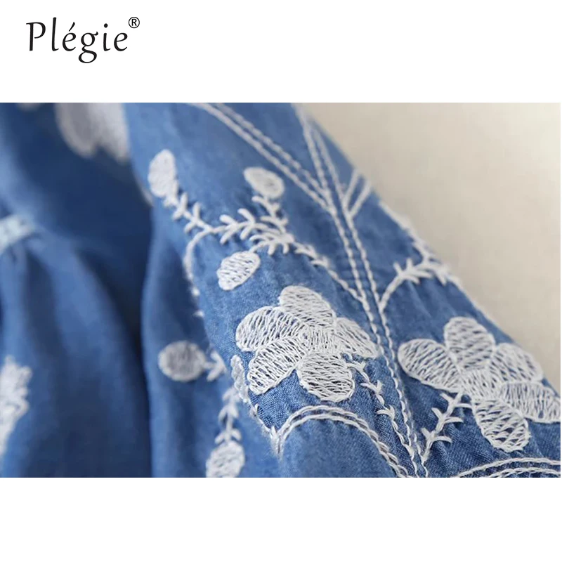 Женские топы и блузки Plegie 2018 Женская Джинсовая блузка с цветочной вышивкой