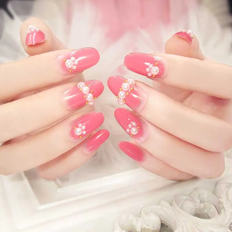 24 Pcs Pink False Nails Finished Products Bride Wedding Nail Tips Manicure Design Acrylic Artificial Fake Pearl decoration | Красота и