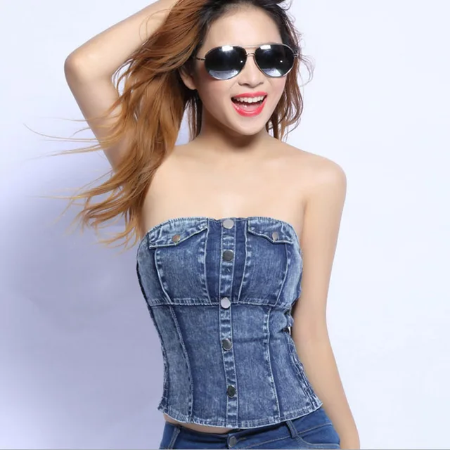 Women Sexy denim Tube Tops strapless bra top 2018 Summer buttons
