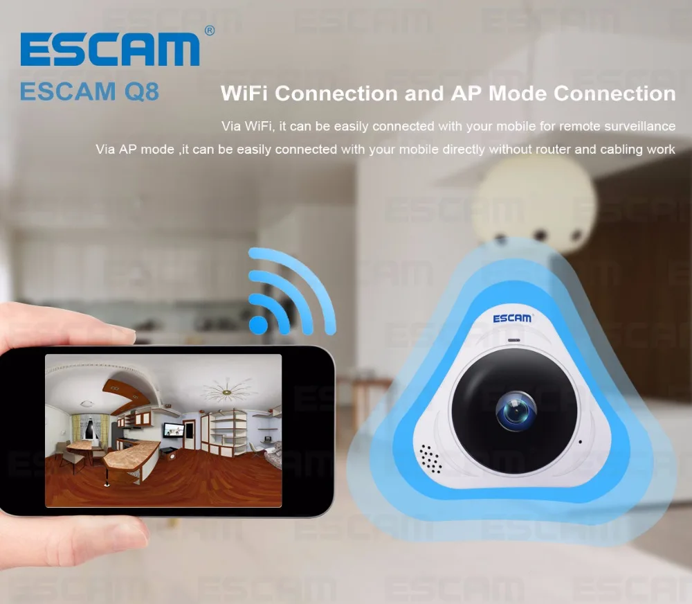 ESCAM Q8 HD 960P 1.3MP 360 градусов панорамный монитор рыбий глаз wifi ИК Инфракрасная камера VR камера с двухсторонним аудио/детектор движения