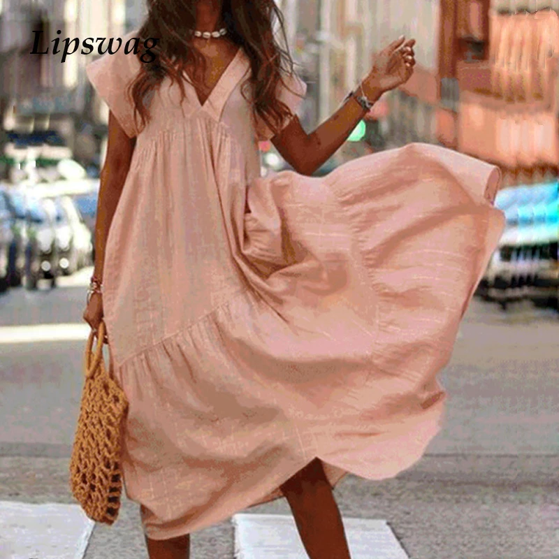 

Lipswag 3XL Summer Women V-Neck Pure Color Loose Dress Casual Short Sleeve Party Dresses Ladies Fashion Female Beach Long Dress