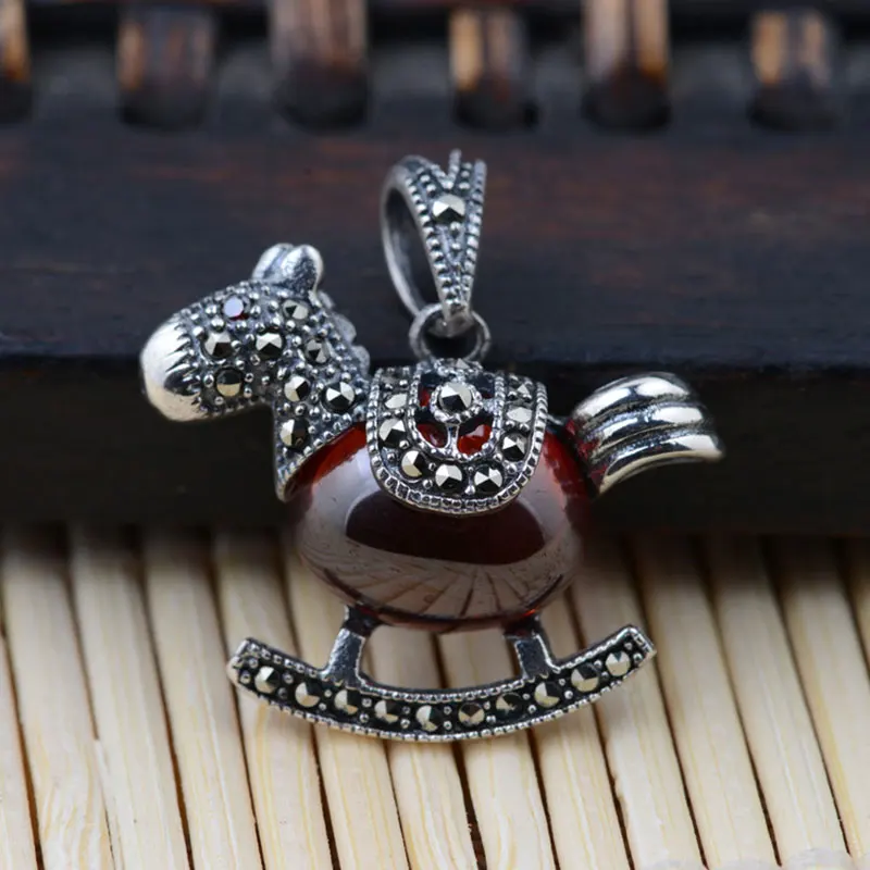 

FNJ 925 Silver Horse Pendant Red Cubic Zircon Crystal 100% Pure S925 Solid Thai Silver Zodiac Pendants for Men Jewelry Making