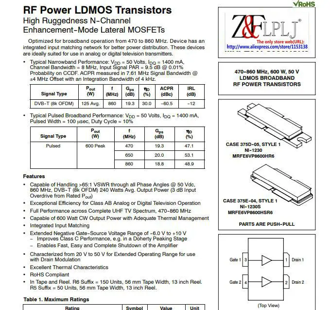 MRFE6VP8600HR5 MRFE6VP8600H / MRFE6VP8600 HSR6 MRFE6VP8600HS 470-860 MHz 600W 50 V LDMOS BROADBAND RF POWER TRANSISTORS 1pcs
