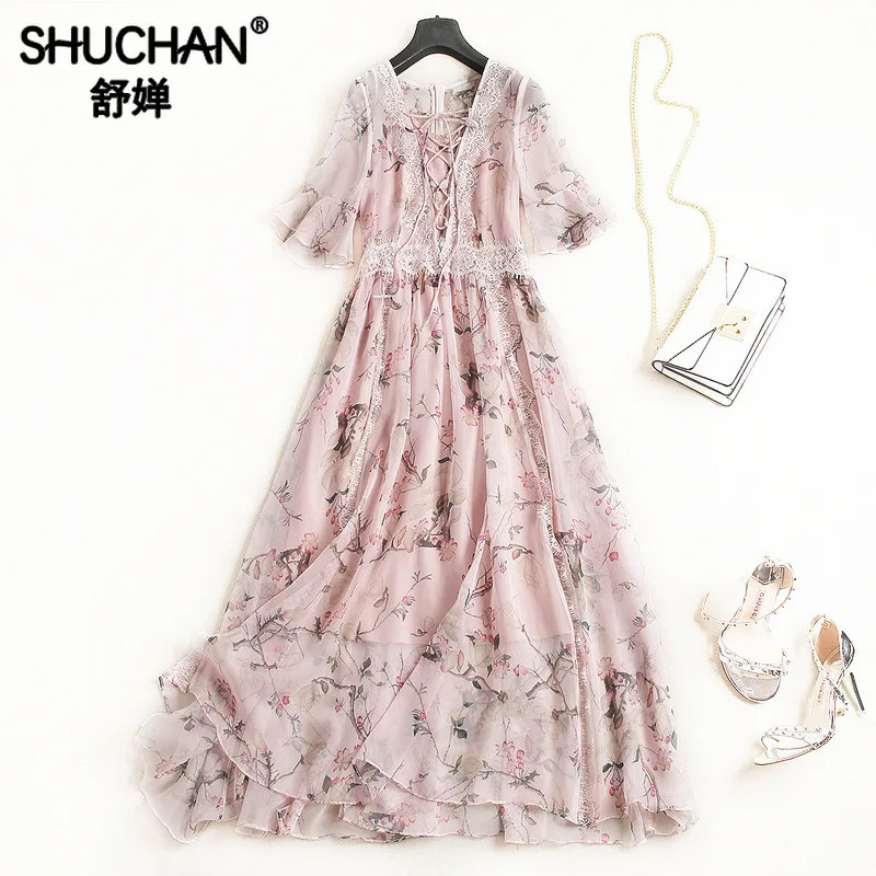 

Shuchan Chiffon Vestido Largos De Verano Bohemian 2019 Women Designer Dresses Ruffles Butterfly Sleeve Elegant Dress Korean 3083